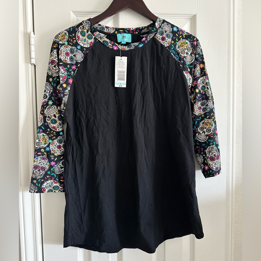 South Main Women's Black 3/4 Sleeve Sugar Skull Raglan Tee, Size Large